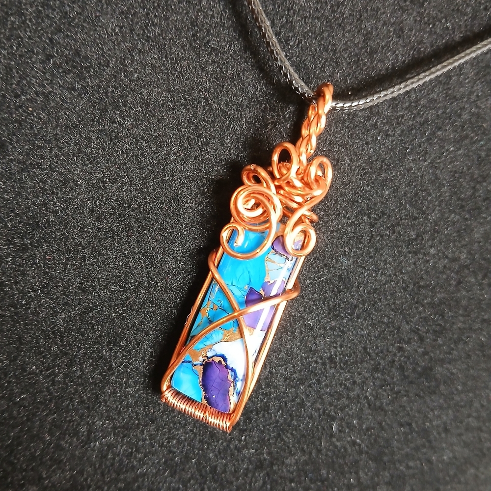Wire Wrapped oyster copper purple blue turquoise pendant on black cord necklace